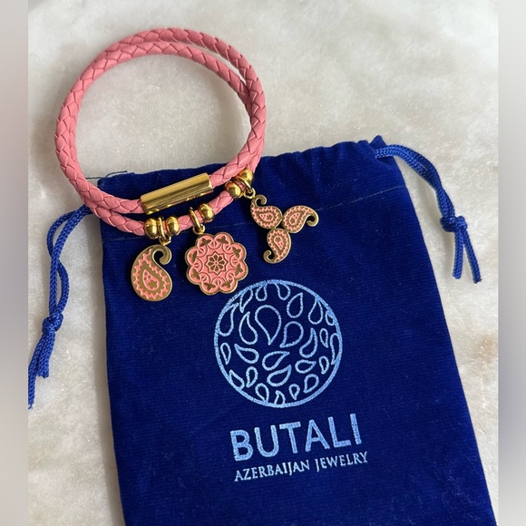 Butali Pink Leather Charm Bracelet Convertible Boho Choker Azerbaijani Handmade
